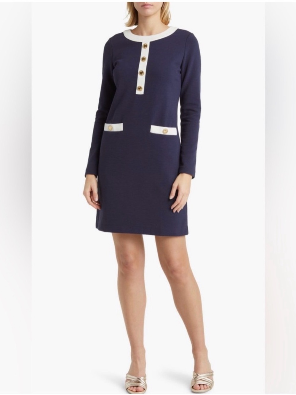 Lilly Pulitzer Kennedy Long Sleeves Shift Dress in Navy/White Trim. Size Large.